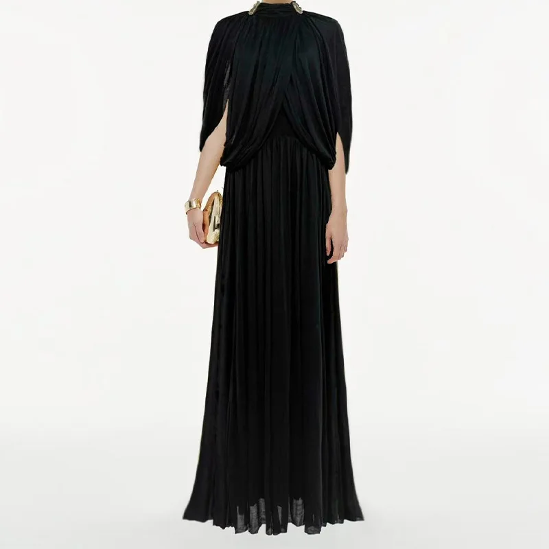 Chique Chiffon Geplooide Maxi Jurk Dames Elegant Flutter Mouw Turtleneck Patchwork Lange Jurken 2026 Nieuwe Avondfeestjurken