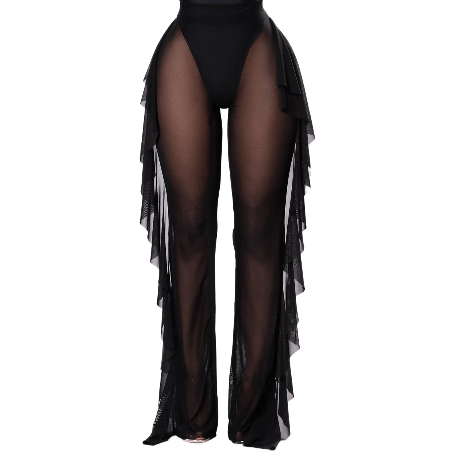 

Comnbhasaki Women's See Through Sheer Mesh Loose Long Pants Beach Swimsuit Bikini Cover Ups Elastic High Waist Wide Leg Trousers
