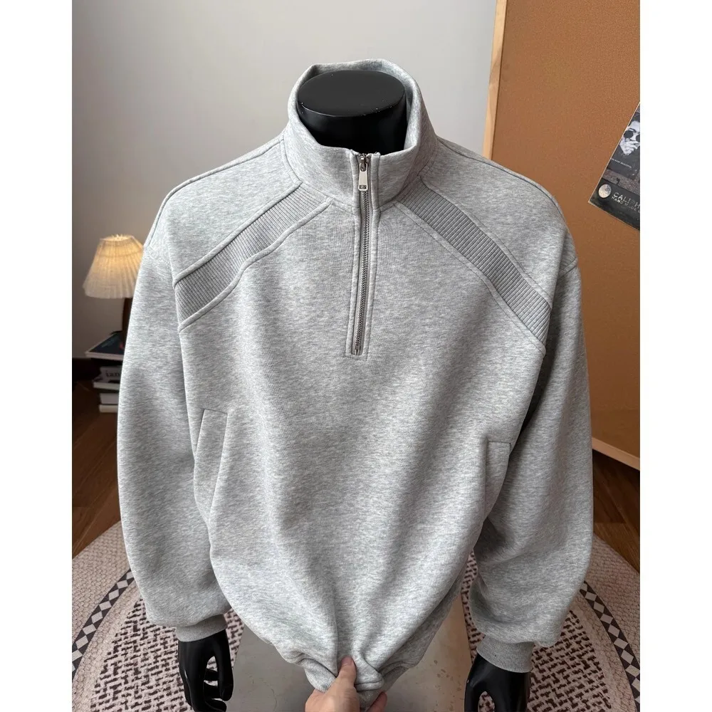 Autumn Winter Men's Gray Threaded Warm Half Zip Hoodies Sweatshirt Sports Stand Collar Long Sleeves Pullover Jacket