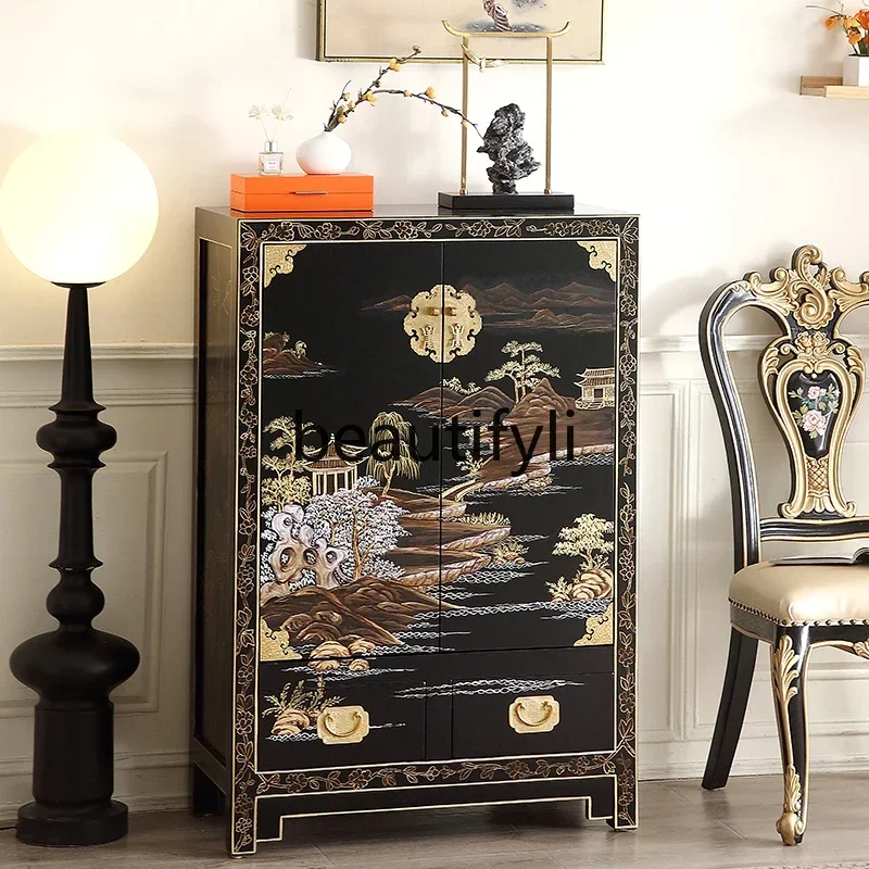 

New Chinese style, classical solid wood black gold-painted integrated foyer entrance shoe cabinet partition decorative locker042