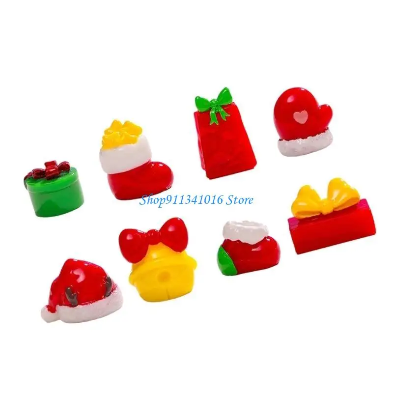  8PCS Miniature Scene Ornament set，Miniature Christmas hats, stockings and gifts, Bells Ornament Desktop Decorations