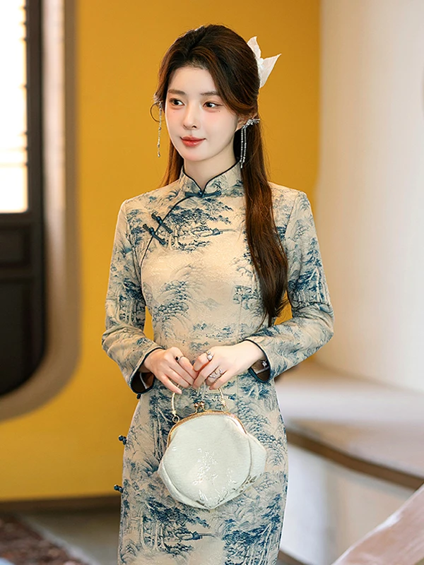 

New Arrival Thiened Fce Lined Chinese Sle Dr Warm Daily Wear for Mom Autumn Winter Long Sve Midi Dr