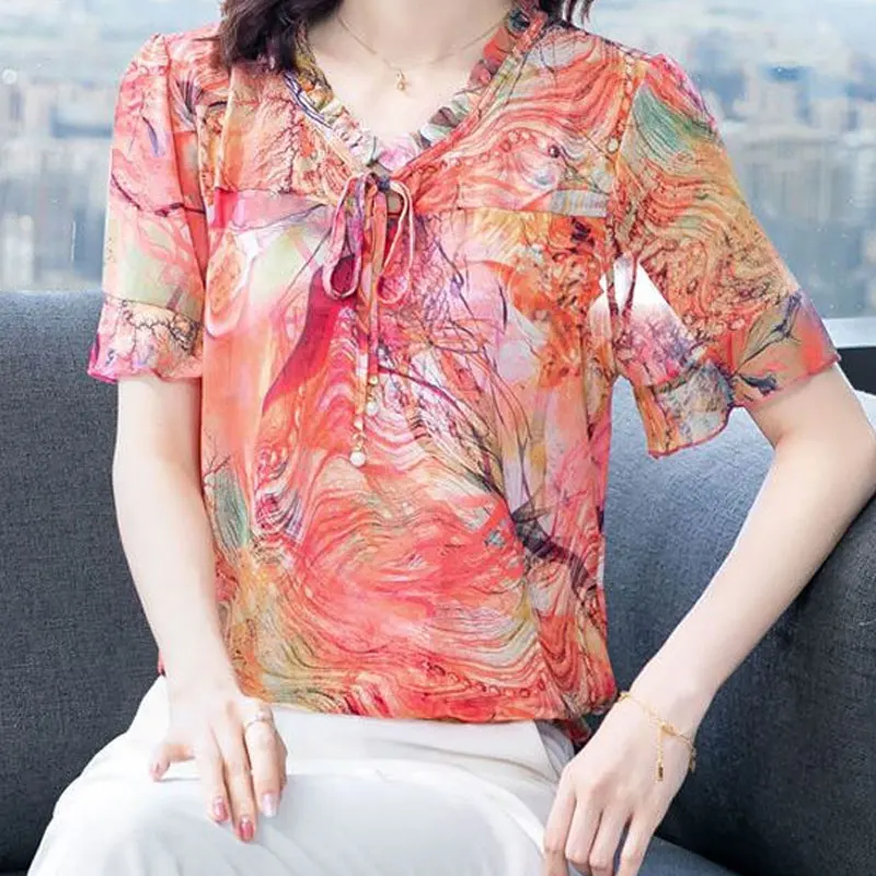 Stylish Vintage Contrasting Colors Printed Blouse Summer Female Elegant V-Neck Ruffles Spliced Casual Drawstring Chiffon Shirt