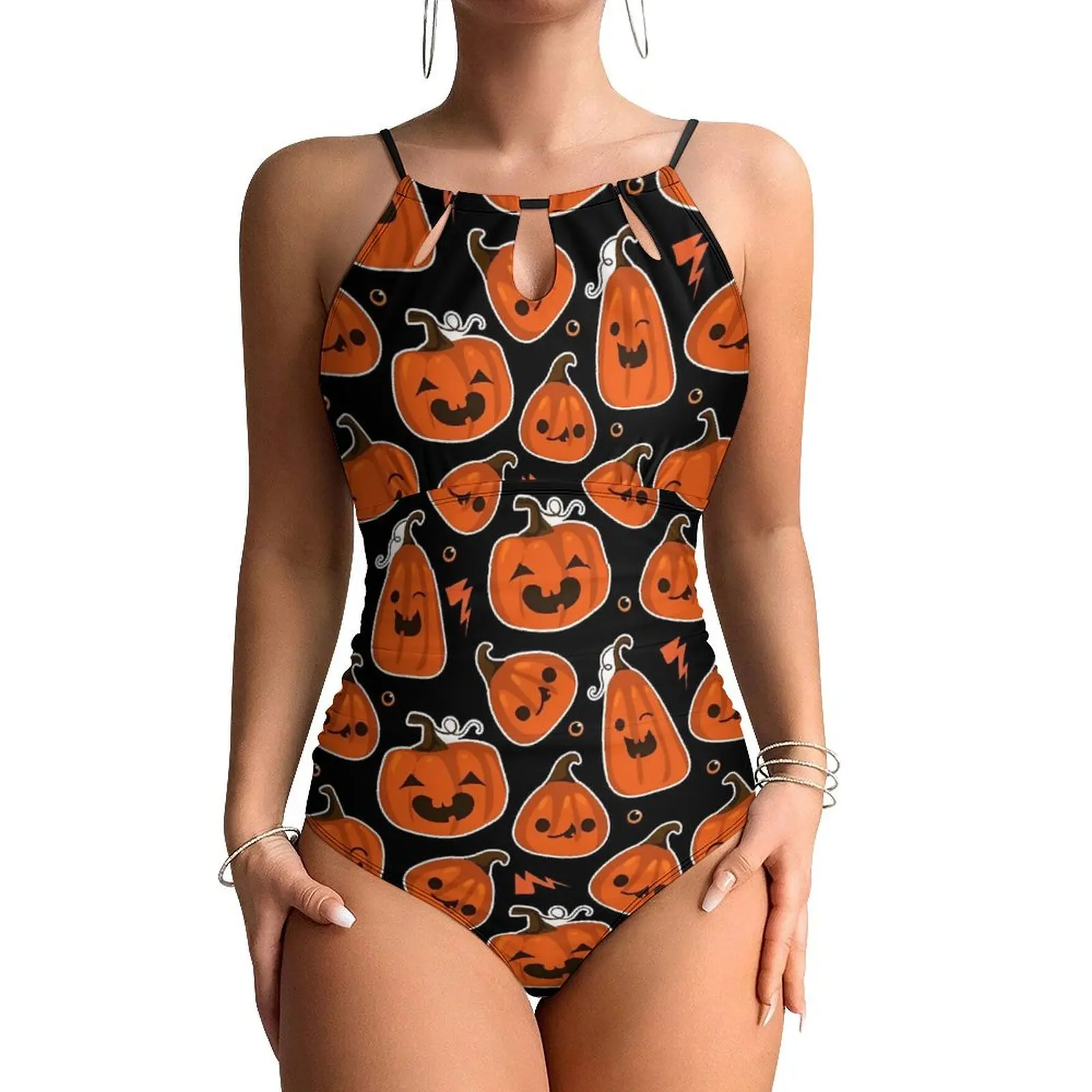 Cute Pumpkins Swimsuit Halloween Swimwear One-Piece Holiday Rave Bodysuit Halter Bathing Suit Woman Push Up Sexy Beachwear