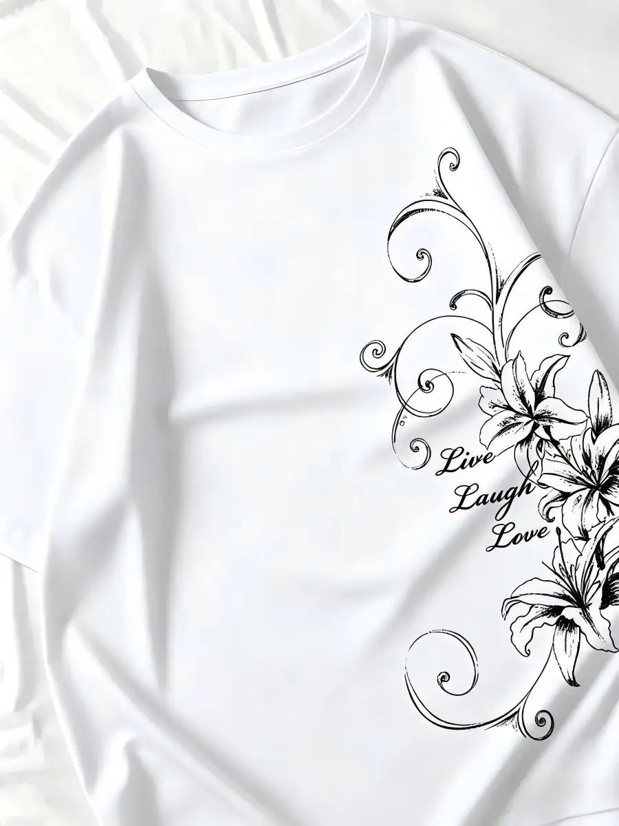 Women Floral Print T Shirt Live Laugh Love Letter Graphic Short Sleeve Crew Neck Casual Summer Tee