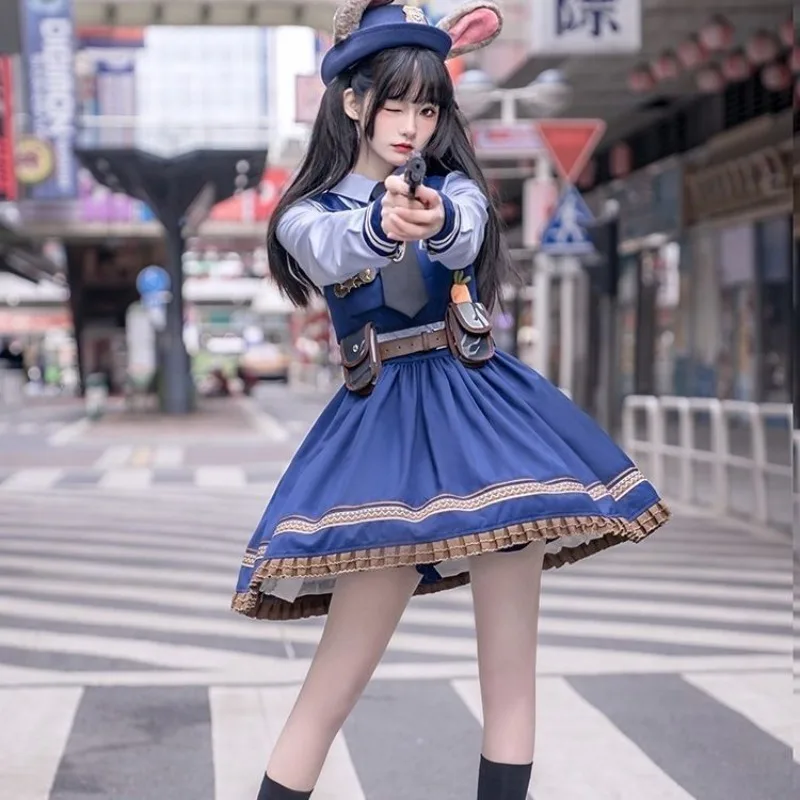 

Anime Judy Rabbit Officer Cosplay Animals Costume Blue Uniform Lolita Dress with Accessories Full Set for Women Theme Party