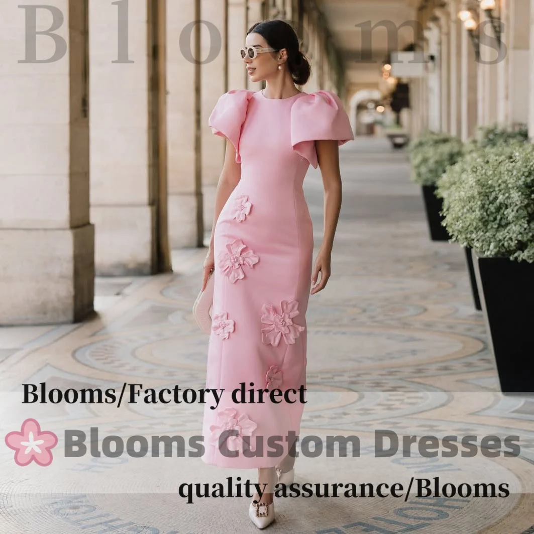 Customized Handmade Floral Appliques Pink Evening Dresses Short Sleeves Elegant Women Straight Formal Party Gown