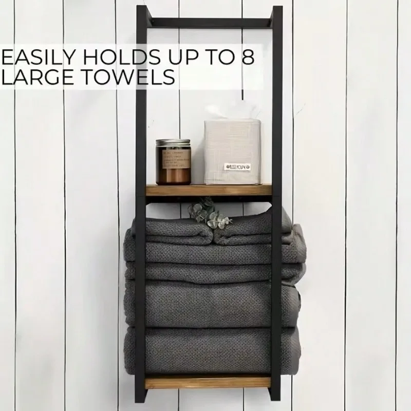 2-Tier Bathroom Towel Rack With Frame - Wall-Mounted Towel And Essentials Storage Rack | Modern Bathroom Elegant Metal And Wood Design, Wall-Mounted Towel Storage Rack,Bathroom Towel Rack, Bathroom Towel Storage, Bathroom Towel Rack.