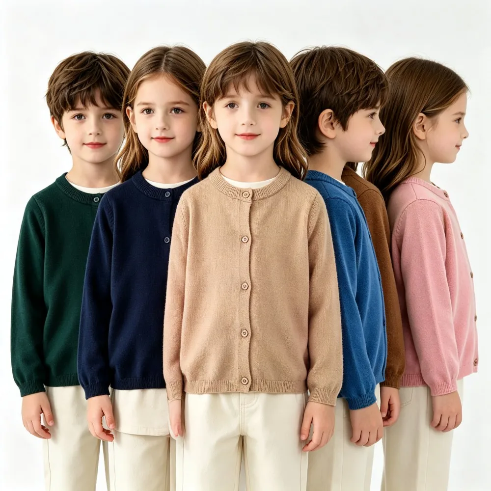 Kid Spring Fall Knit Cardigan Solid Round Neck Button‑Up Sweater Boys Girls Soft Knitted Casual Outerwear Children's Cardigans