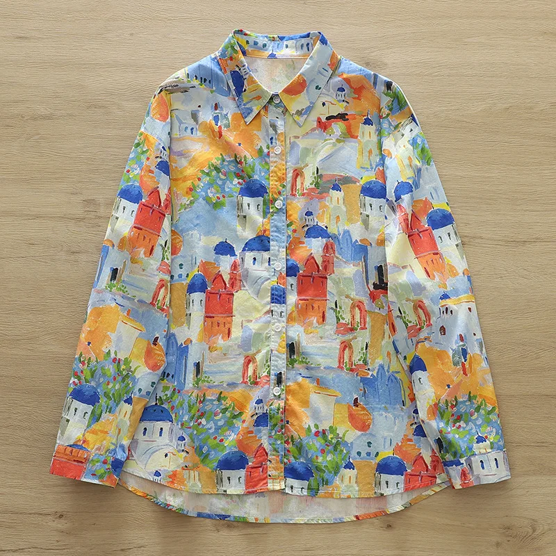 Japanese Sweet Mori Girl Cartoon Floral Rabbit Print Cotton Shirts Women Spring Long Sleeve Vacation Style Casual Loose Blouse