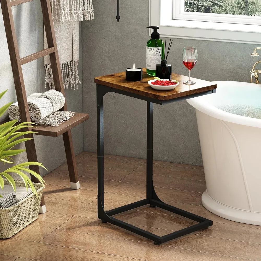 طقم طاولة جانبية على شكل حرف C مكون من قطعتين، طاولات نهاية بنية ريفية لغرفة المعيشة، تناسب تحت الأريكة