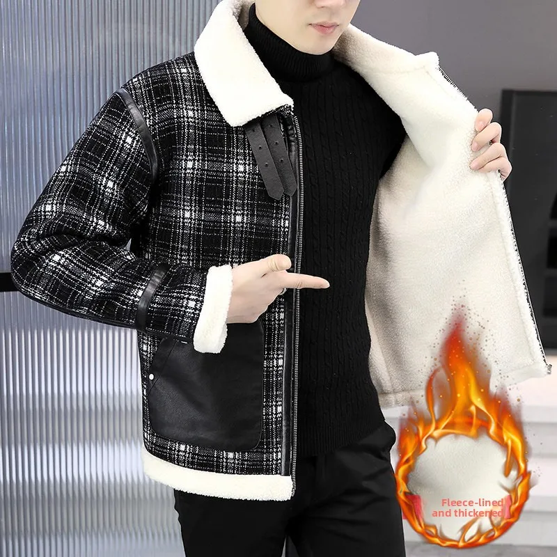 

Мужская зимняя куртка Thiened Fce на подкладке, зима 2025 года, клетчатый воротник-стойка, универсальная теплая теплая куртка-стойка из полиэфирного волокна