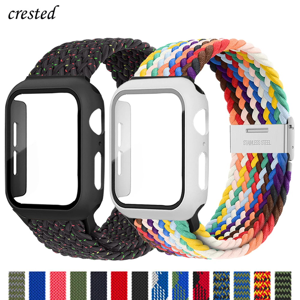 Case+Strap For Apple Watch Band 44mm 40mm 45mm 41mm 42mm 38mm Nylon Elastic Braided Solo Loop bracelet iWatch Serie 3 4 5 6 se 7