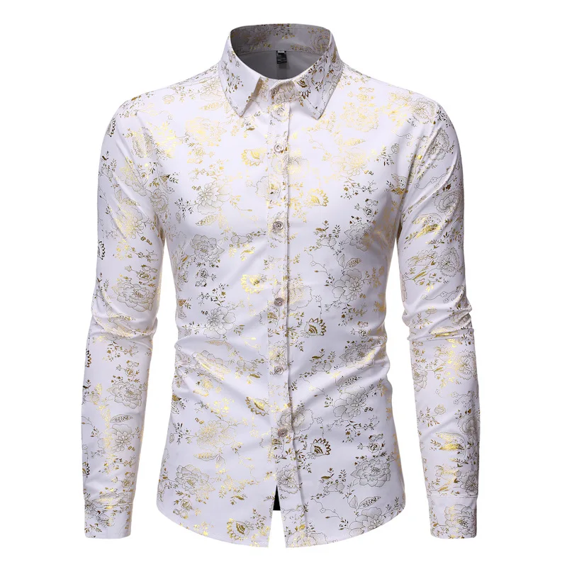 New Men Gold Stamp Printed Long Sleeve Shirt Black / White / Wine Red Fashion Male Business Social Casual Lapel Tops