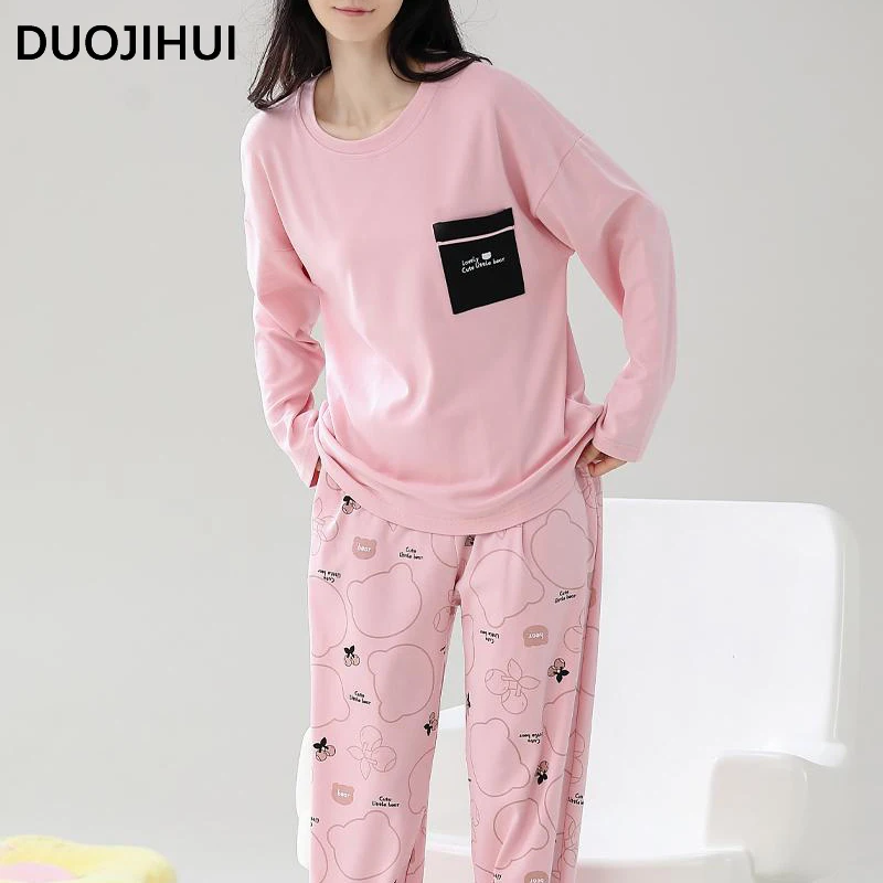 DUOJIHUI-Conjunto de pijama doce de cor pura para mulheres, pulôver com pescoço o, calça básica, solta, impressão simples, pijamas femininos, bolso chique, moda