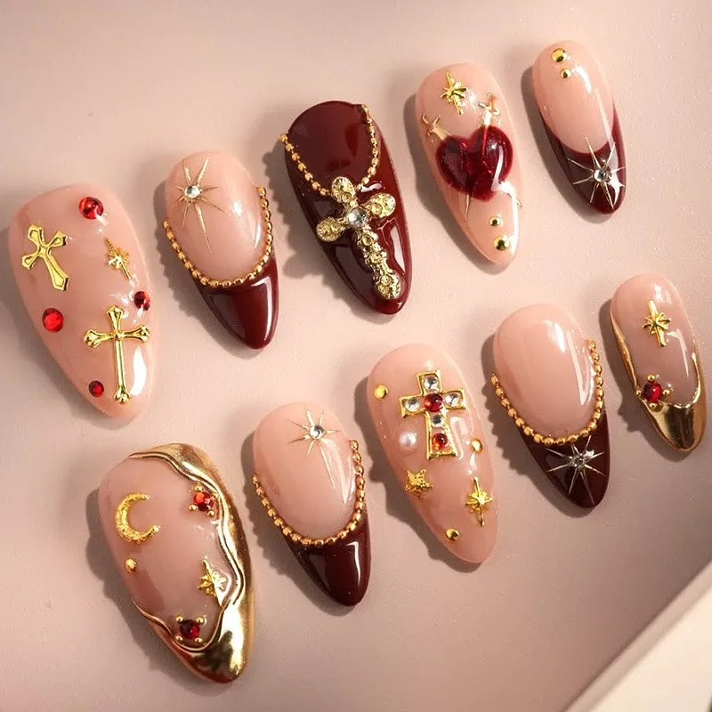 

24PCS 3D Press on Nails Luxury Full Diamond Handcrafted Design Fake Nails High Quality Sparkling Almond Shape False Nails Daily