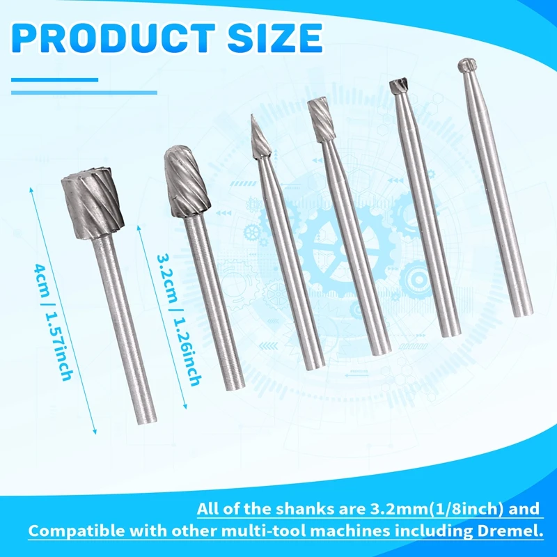 M11K-6PCS HSS Rotary Multi Tool Burr Routing Router Bit Mill Cutter Attachment For Dremel
