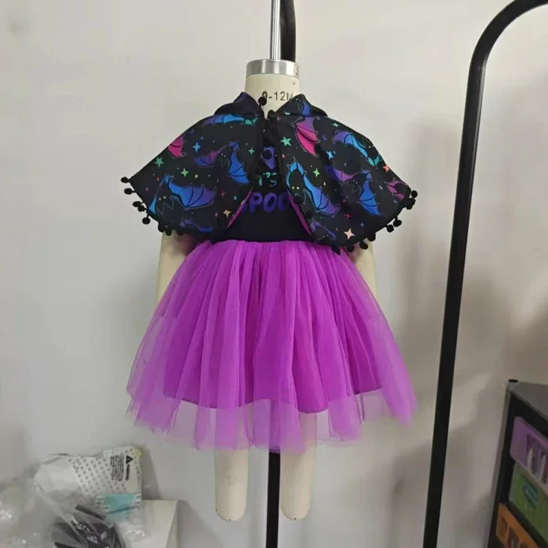 

2025 Autumn Winter Toddler Girls Halloween Costume Dress Set Bat Print Hooded Cape + Tulle Vest Dress Infant Festival Outfit