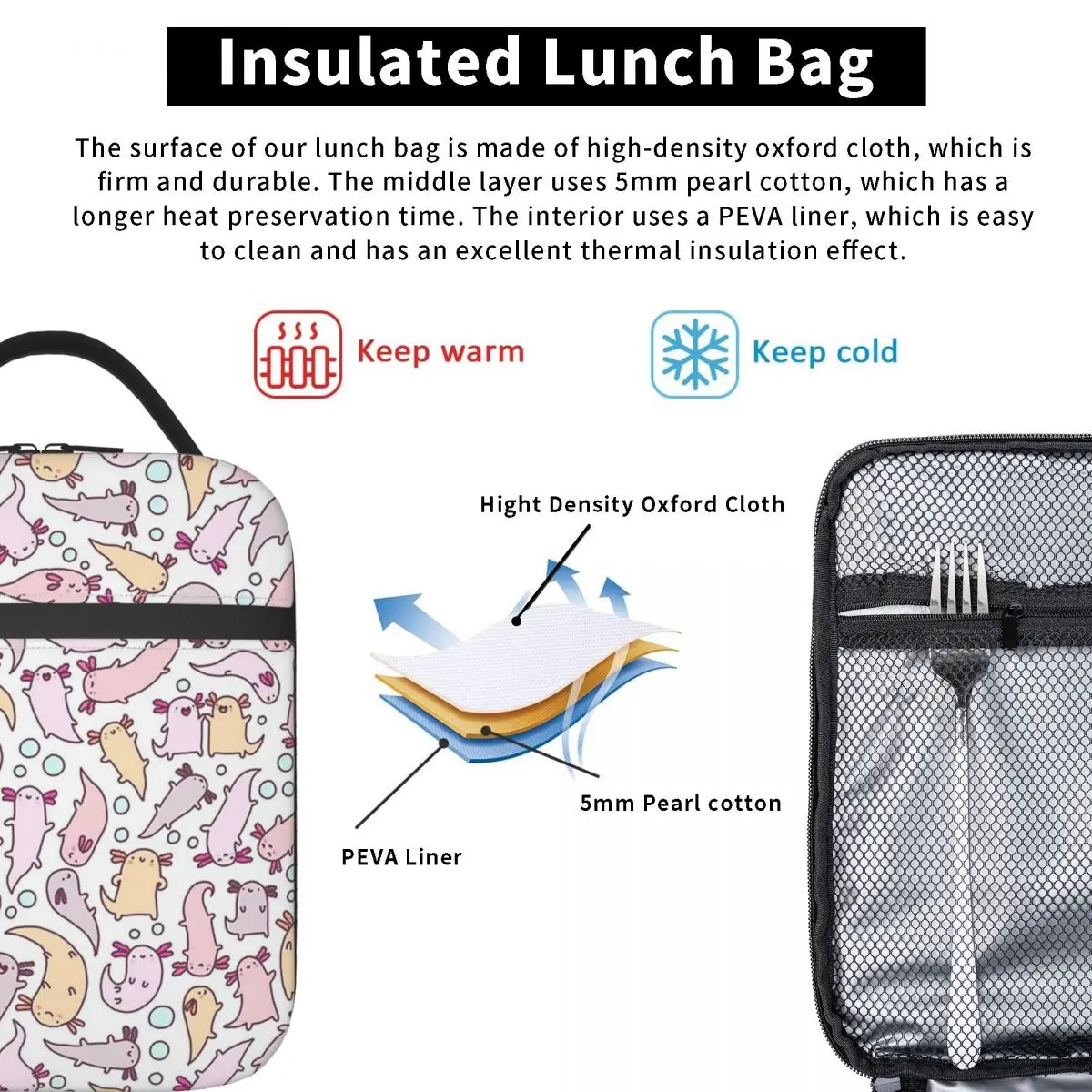 Adorable Axolotls Insulated Lunch Bag for Women Children Leakproof Food Boxes Thermal Lunch Box Tote
