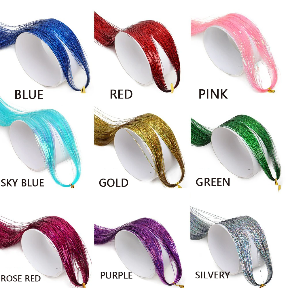 120cm Shiny Sparkle Hair Tinsel Thin Colorful Synthetic Rainbow Silk Hair Extensions Dazzles Women Hippie for Braiding Headdress