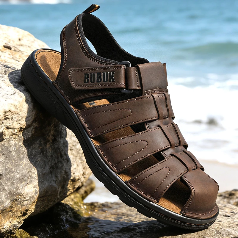 BUBUK Men's Leather Sports Sandals, Outdoor Beach Shoes, Adjustable Velcro, Suitable for Hiking, Travel, Work