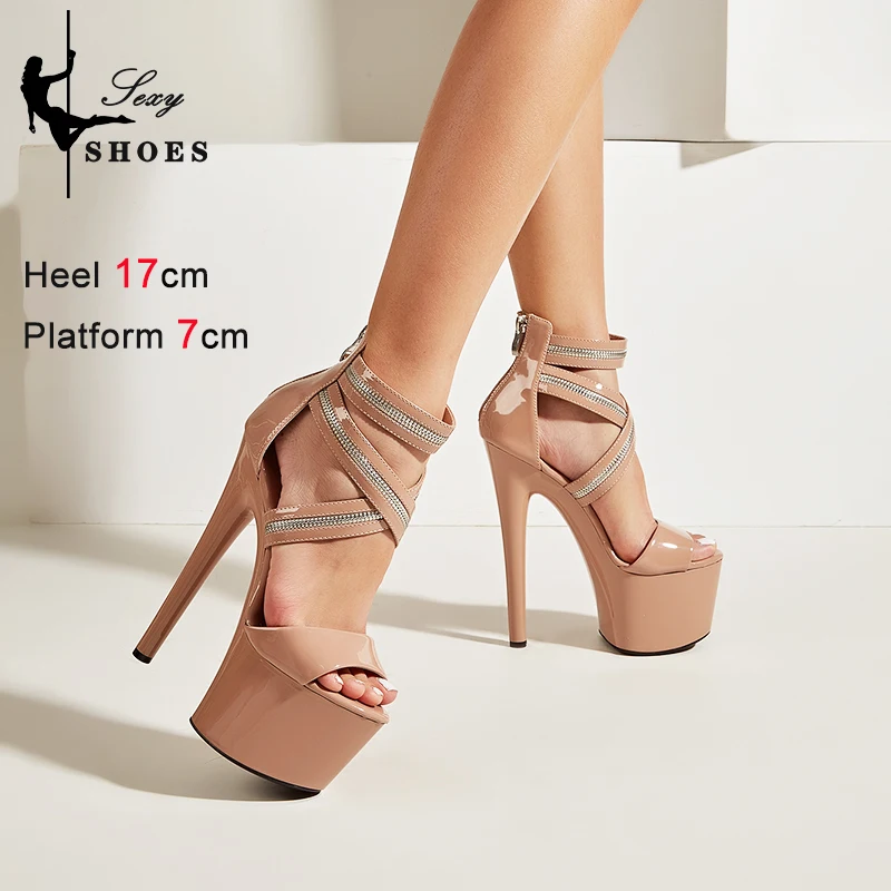 New Designer Women Zip Ankle Strap Sandals Open Toe Platform Black Stiletto Sexy Super High Heel Pole Dance Shoes Stripper Heels