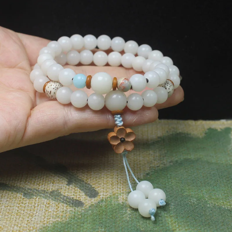 White Jade Bodhi 8mm Double-Loop Bracelet with Star, Moon, and Small Flower Beads, Simple Buddhist Prayer Beads, Decorative Acce