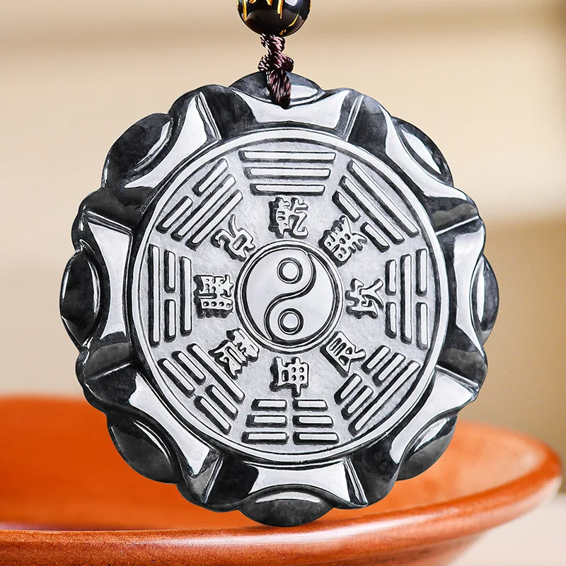 Natural Emerald Black Chicken Color Taiji Eight Diagrams Pendant Jadeite Necklace Jewelry Charm Luxury Amulet Women Certificate
