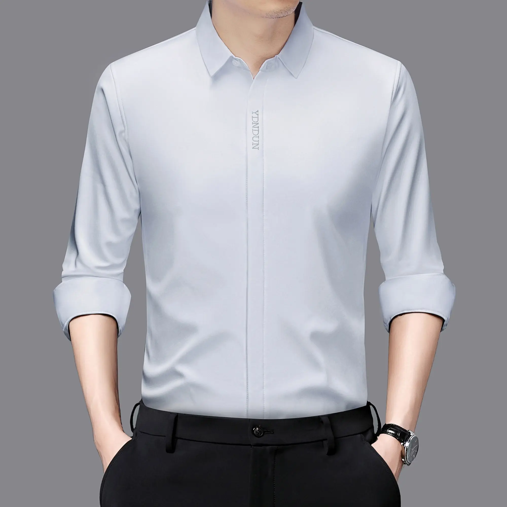 Men Premium Anti Wrinkle Long Sleeve Shirt Durable Thin Solid Casual Top