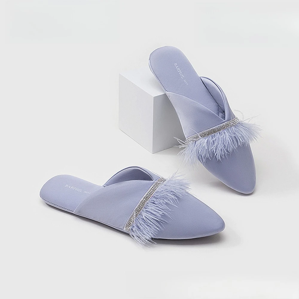 

New Arrival Women's Indoor Slippers for Spring and Autumn Soft-Sole Silent Fairy Style Rhinestone Decoration Turkey Feathers