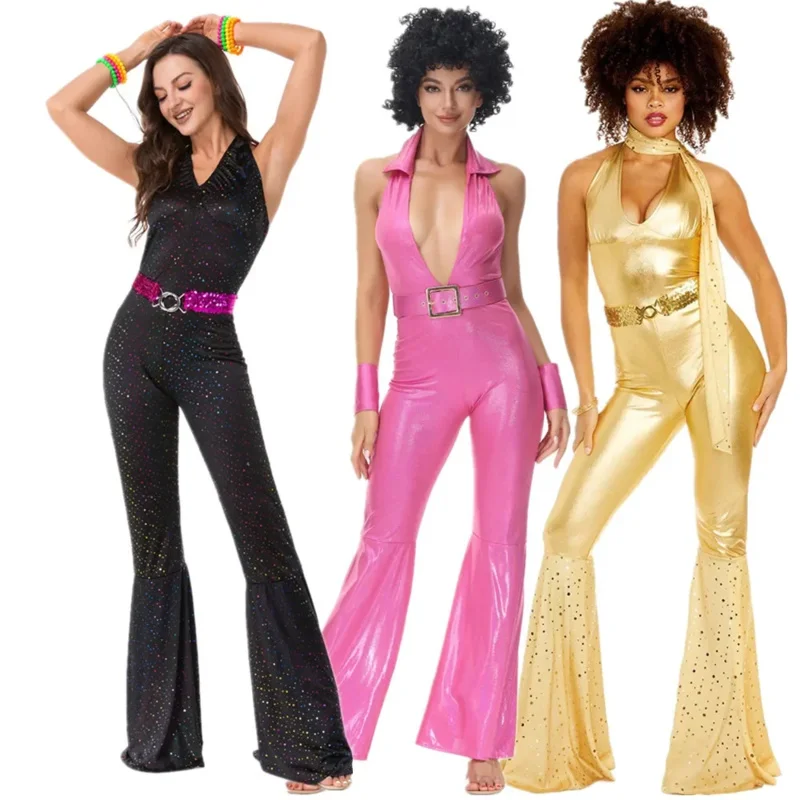 Multiple Woman Sexy 60s 70s Hippie Costume Carnival Halloween Party Vintage Rock Disco Fancy Dress Up Hippie Cosplay Jumpsuit OI