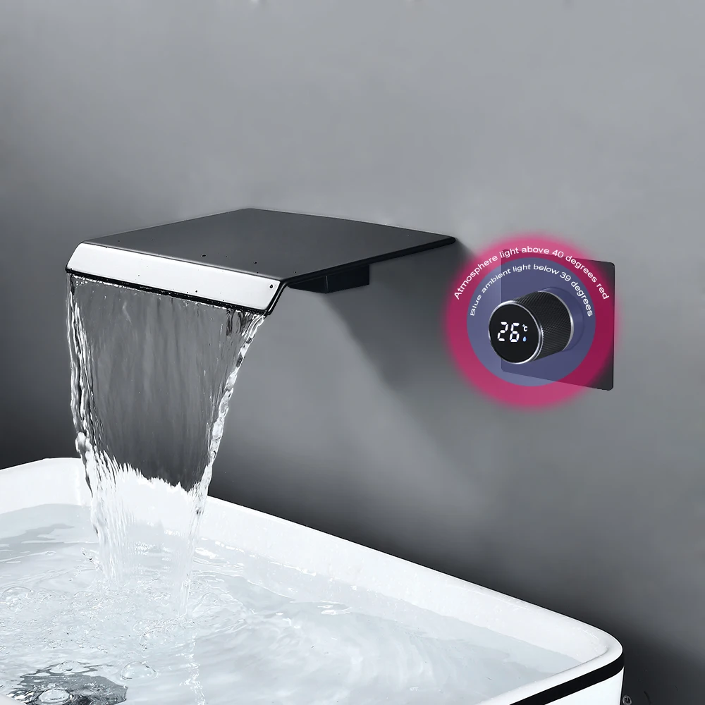 BAKALA Digital Display Bathroom Faucet Wall Mounted Waterfall Basin Faucets Washing Basin Taps Hot & Cold Water Mixer Tap