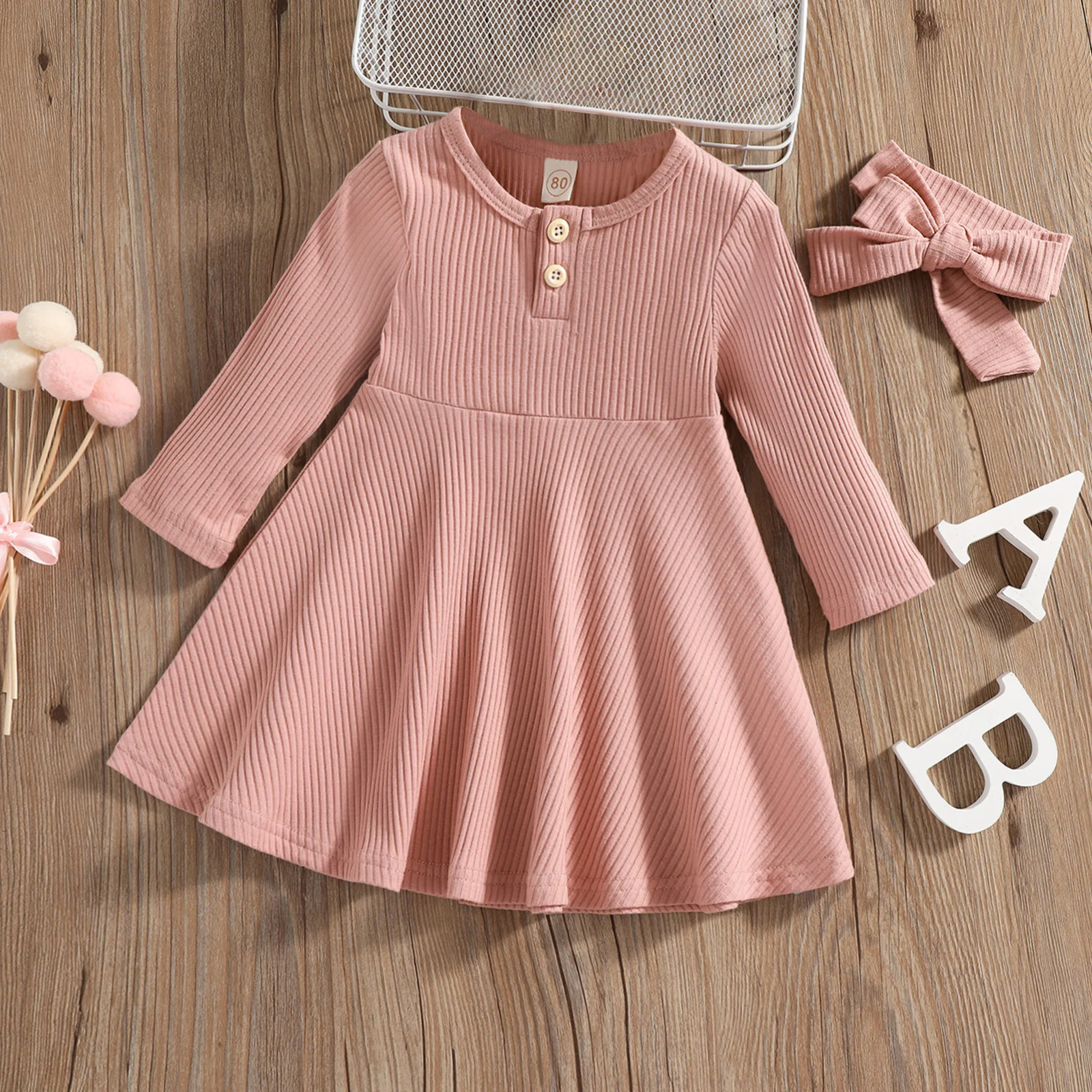 

6M-4Y Infant Toddler Kids Baby Girls Dress Soft Knitted Long Sleeve Button Dresses For Girls Autumn Spring Clothing D35