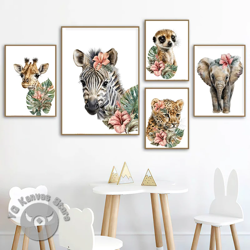 

Cute Animal Flower Elephant Zebra Picture Print Canvas Painting Wall Art Posters For Nursery Kids Room Cuadros Decorativos Gifts