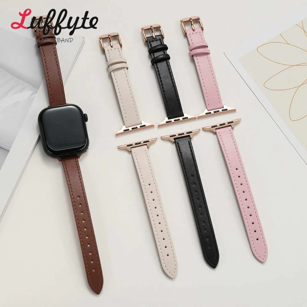 Schlankes Lederarmband für Apple Watch 1–10 Ultra SE 2, Damenarmband mit roségoldener Schnalle, 38 40 41 42 44 45 46 49 mm – Detail 1