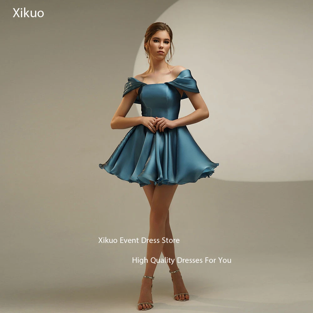 

Xikuo Off Shoulder A Line Wedding Dress Pleated Satin Civil Modern Bridal Gowns Mini Lace Up Back Homecoming Dresses Customized