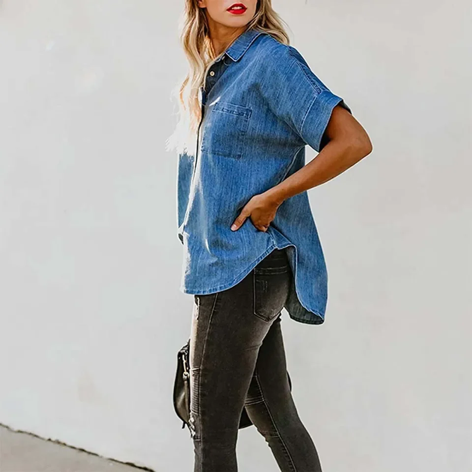 빈티지 3/4 소매 캐주얼 가을 셔츠 봄/여름 여성용 순색 데님 셔츠 & 여성용 반팔 블랭크 셔츠
