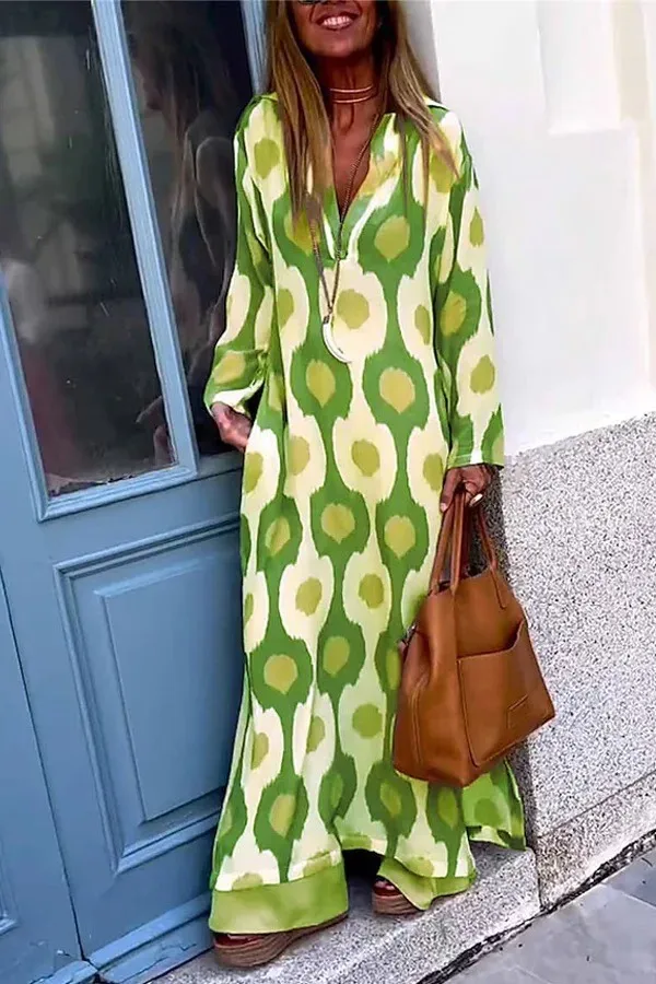 2024 New  Fashion Simple and Unique Printed V-neck Long Style Stylish and Unique Women's Slim Fit Dress