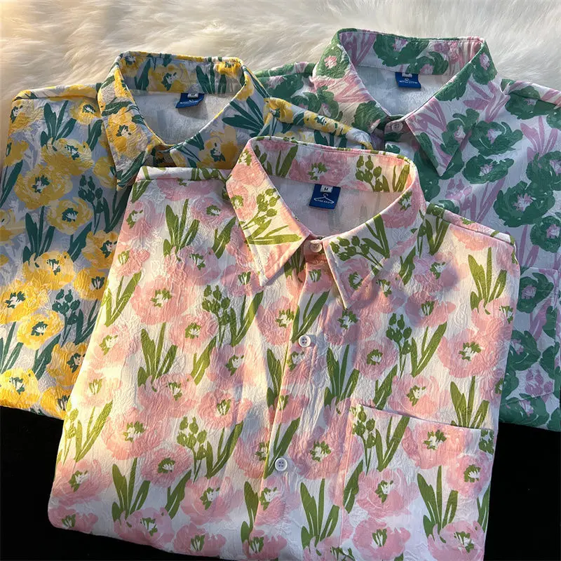 Camisa Vintage con estampado de flores para mujer, blusa informal de manga corta con botones, ropa de calle Harajuku para verano