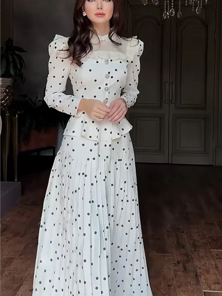 

Woman 2 Piece Set Outfit Casual Long-sleeved Printed Jacket High-waisted Skirt Contrast Polka Dots Simple Style Elegant Trendy