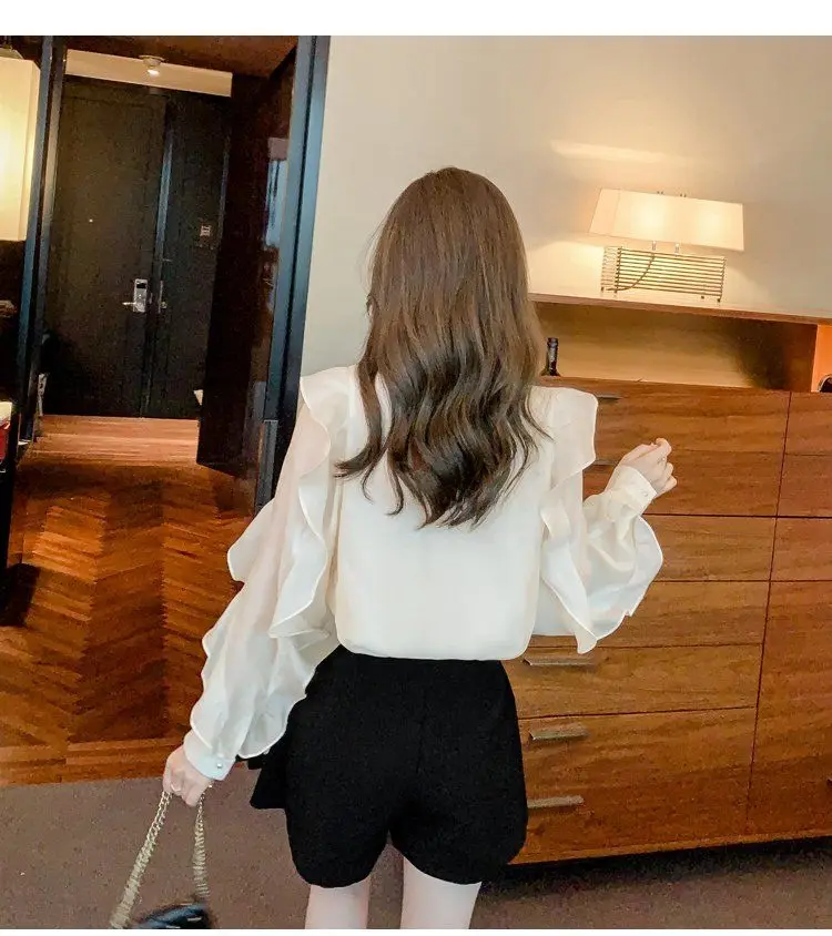 French Style Chiffon Shirt Women\'s New Style Small Shirt Fashionable High-end Bow Long Sleeved Top