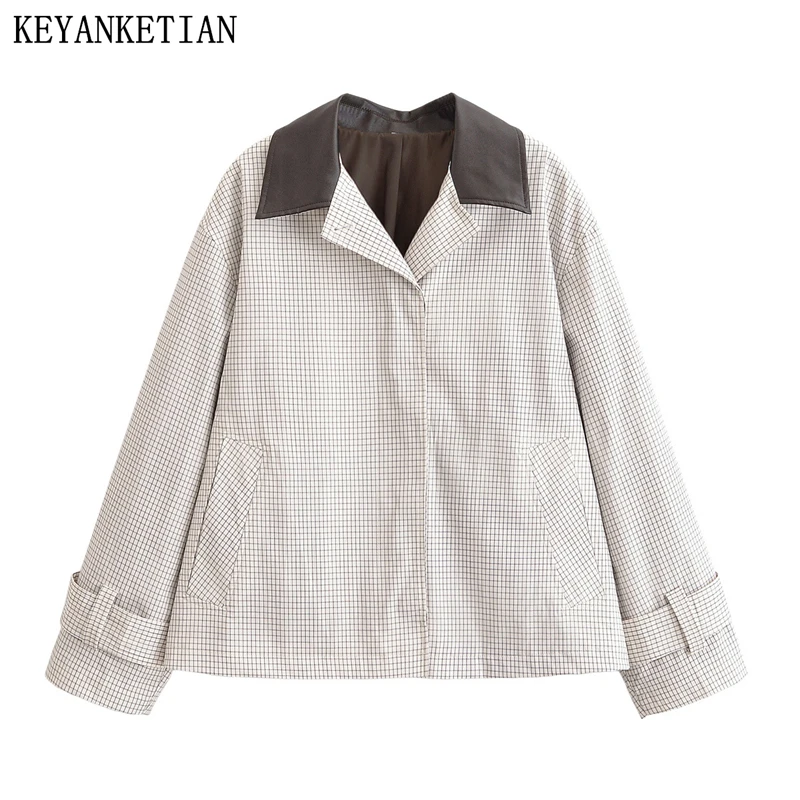 

KEYANKETIAN, осенняя новая женская одежда, контрастная тонкая клетчатая короткая ветровка с разрезом сзади, женское пальто