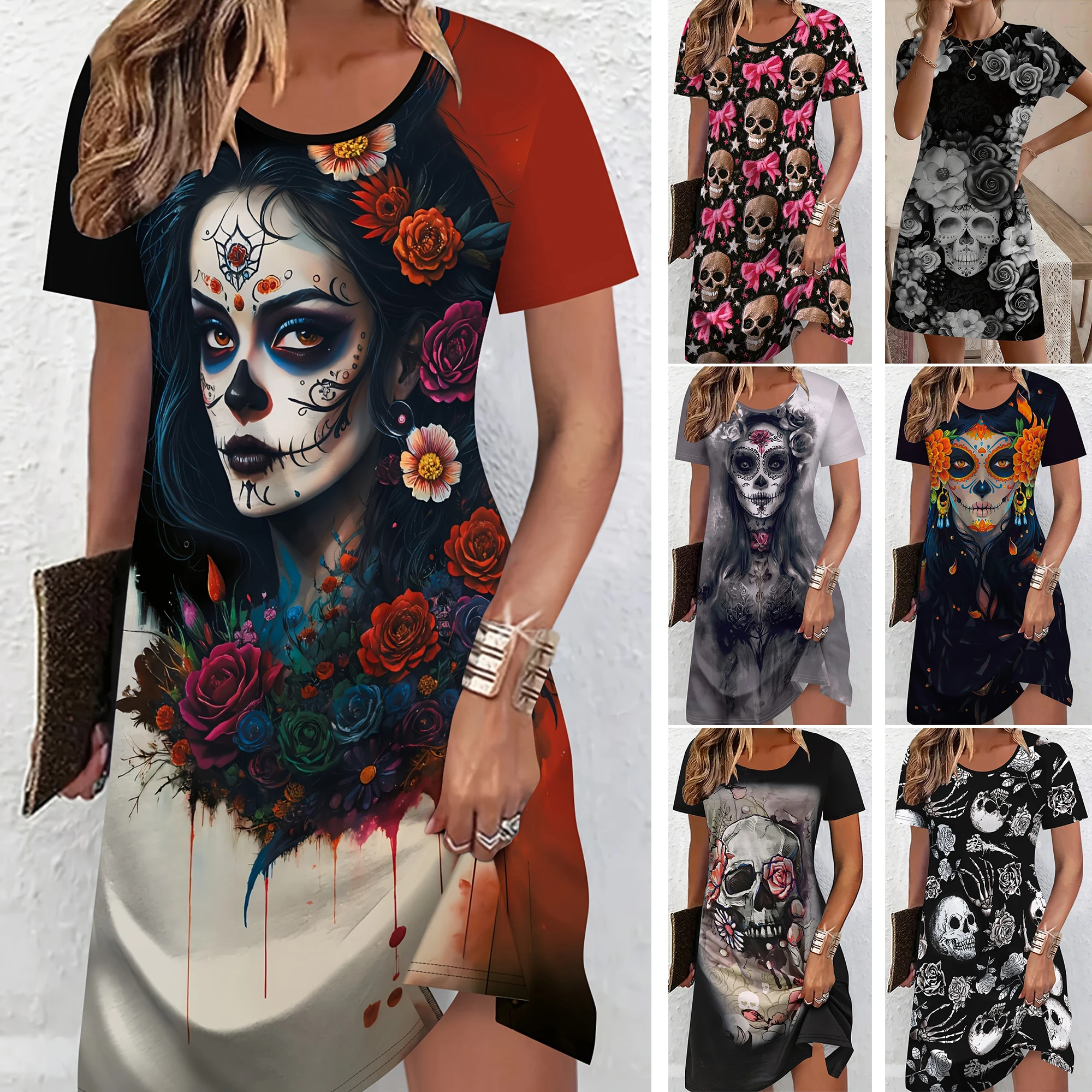 2025, Halloween-Kostüm, Gothic-Schädel, Rose, Blumenmuster, 3D-gedrucktes Damenkleid, Horror-Geist-Stil, Y2k-Damenkleidung, Damenbekleidung