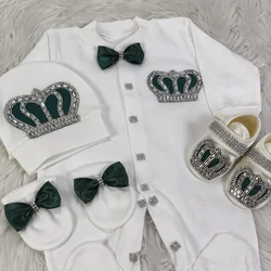 Dollbling Emerald Gold Crystal Luxury Baby Bling Romper Set My 1st Christmas Photography 4pcs Romper Hat Mittens Shoes Set