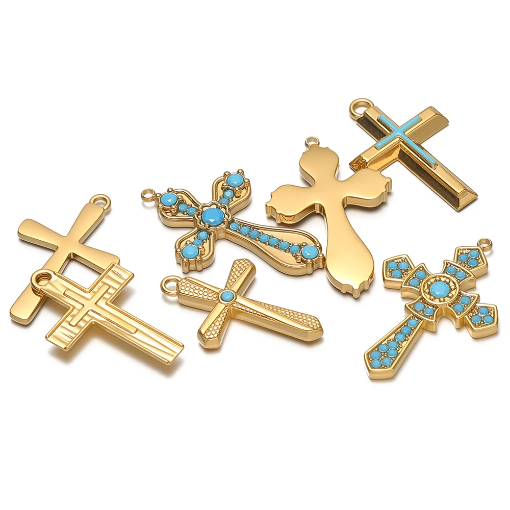 4 Stück Edelstahl-Türkis-Kreuzanhänger für religiöse Halsketten, Anhänger, Armband-Zubehör, DIY-Schmuckherstellung, Ohrringe – Detail 2