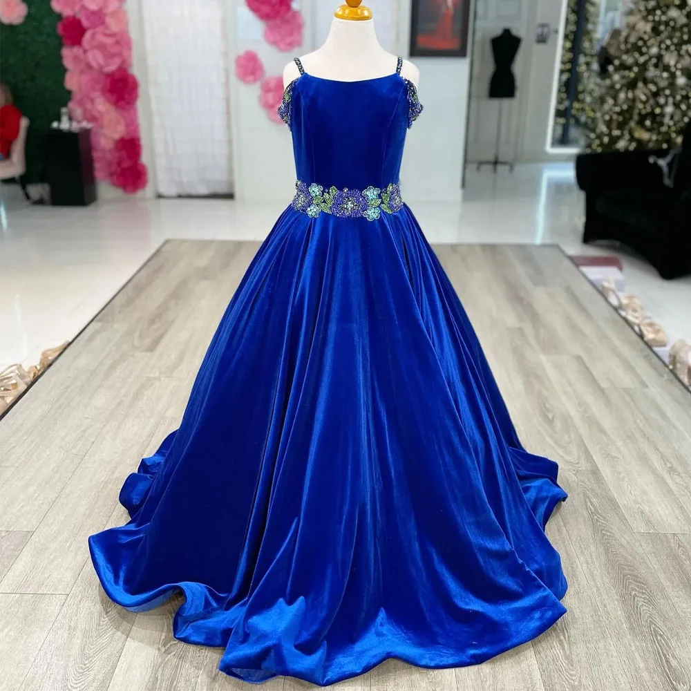 Spaghetti Strap Velvet Flower Girls Dresses Beaded Waist Infant Toddlers Teens Party Gown Long A Line Kids Prom Dress