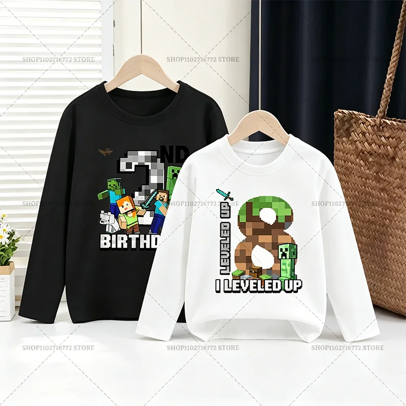 

Minecrafted Game Birthday Decoration Digit 1-9 Top Girl Boy Pullover Kids Party Supplies Long Sleeves T-shirt Child Clothes Gift