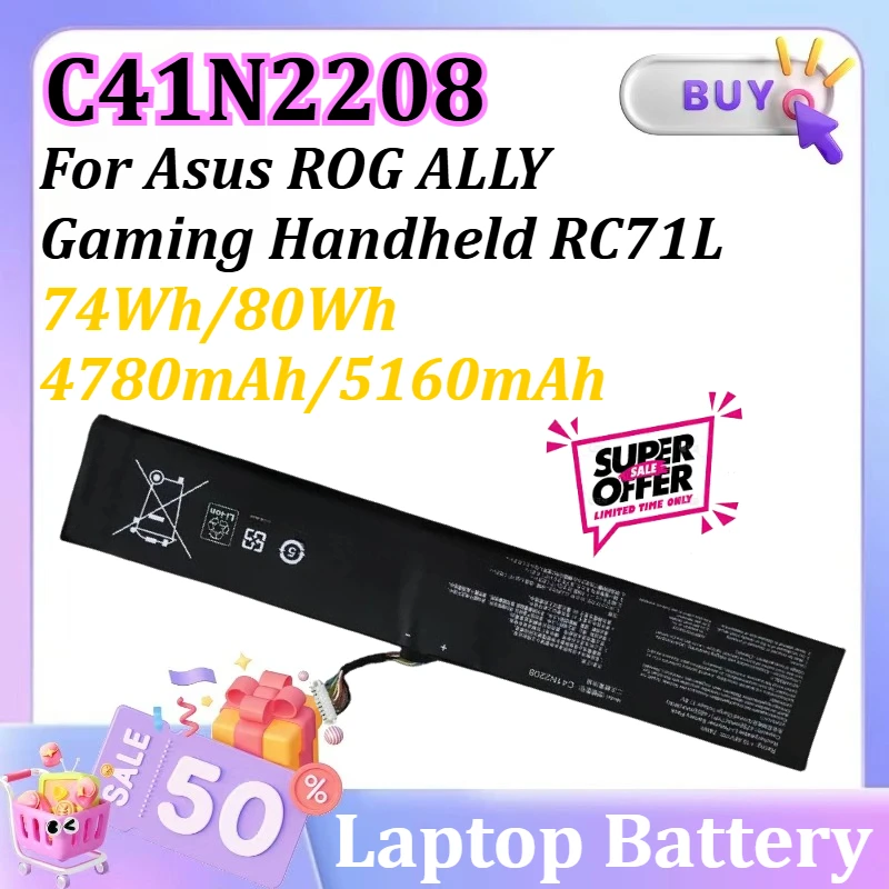 New 74Wh/80Wh 4780mAh/5160mAh C41N2208 Battery 15.48V for Asus ROG ALLY Gaming Handheld RC71L High-Capacity Replacement Battery