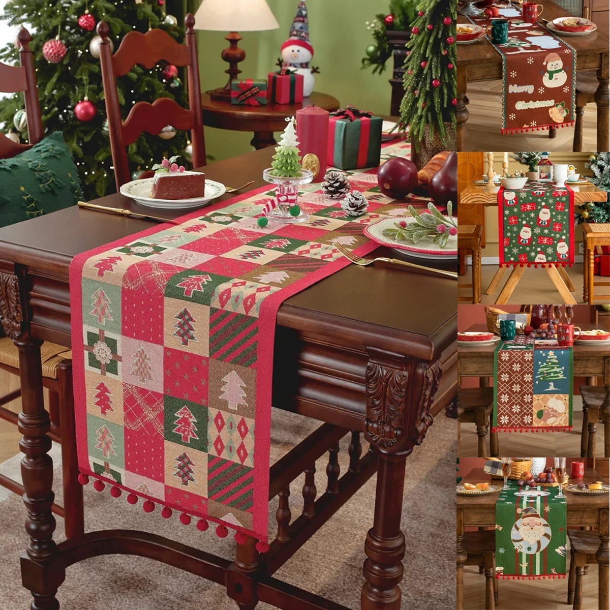 

1PC Christmas Table Runner Christmas Ball Snowman Tassels Farmhouse Table Runners Decor for New Year Dining Kitchen Wedding Home