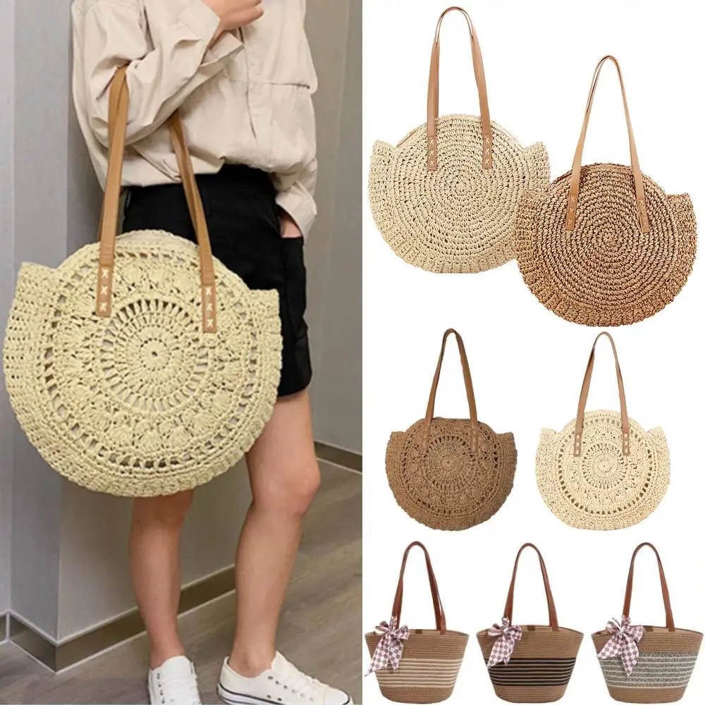 Round Straw Beach Bag Vintage Handmade Woven Tote Shoulder Bag Raffia Rattan Bag Bohemian Summer Vacation Casual Bag Travel Bag